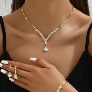 New Womens Gold Crystal Necklace Three Piece Set